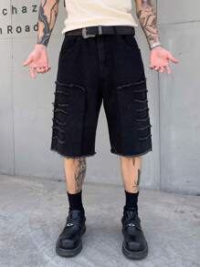 Shorts vaqueros casuales de corte holgado con estilo callejero pionero de parches negros para hombres GlobeSwift, aptos para primavera/verano