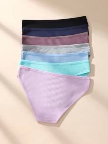 Paquete de 7 bragas de algodón acanalado de unicolor y talle bajo para mujeres, ropa interior cómoda, transpirable y elástica