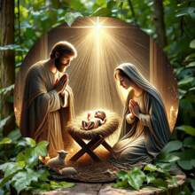1pc 2D Flat Jesus Nativity Scene Metal Sign, 8x8 Inch Round Wall Art Decor For Cafe, Kitchen, Club, Bar, Room - Waterproof & UV Resistant, Easy To Hang - Random Hole Style Room Decor Bedroom Decor Home Decor Wall Decor