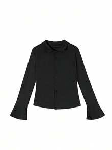 女式 Polo 领修身长袖衬衫，设计细节，时尚休闲打底上衣，喇叭袖秋季黑色衬衫 - 黑色 - 查看 4