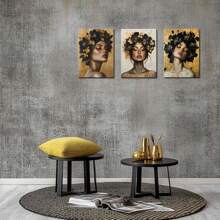 Set de 3 picturi pe pânză înrămate cu portrete de femei la modă, fete frumoase și flori blonde, postere abstracte, imprimate pentru living modern, dormitor, baie, hotel, pensiune, apartament, vilă, galerie, cameră de zi pentru femei, coridor, studio, sală de clasă, studiu, decorațiune pentru biroul de acasă, gata de agățat