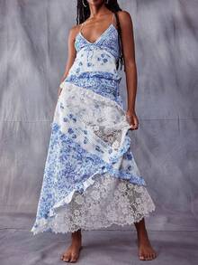 Women Floral Printed Maxi Dress Sleeveless Lace Patchwork Layered Ruffle Hem Backless Long Dress Y2K Summer Deep V Neck Lace Cutout Dress Beachwear - Màu xanh lam - Xem 1