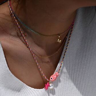 彩色波西米亚陶瓷鱼形吊坠项链，适合女士，可调节多色绳索颈链，非常适合夏季海滩度假和音乐节，波西米亚风格度假珠宝可调节