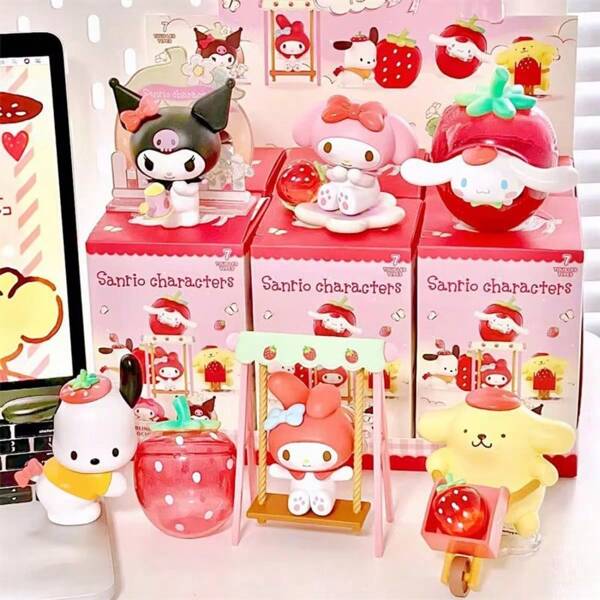 Sanrio Sanrio Strawberry Fields Blind Box Set - Kuromi/Cinnamoroll/My Melody Poseable Figures With Swing & Berry Carts, PVC/ABS Collectibles For Shelf Display/Gifts (Kawaii Anime Fans Must-Have)