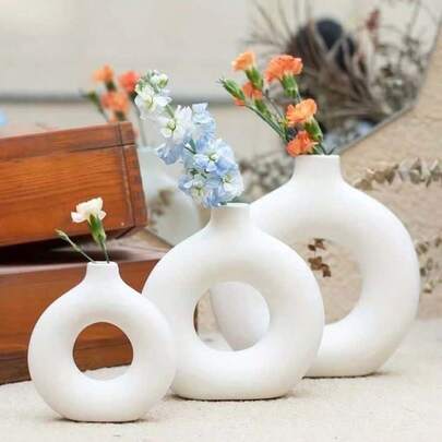 1/3 件白色塑料甜甜圈形花瓶，婚礼桌面装饰用品，咖啡桌卧室餐厅装饰瓶，女友母亲礼物