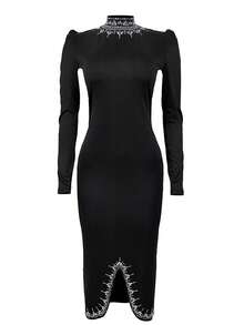 Vestidos de fiesta de cena, rave y mujer de manga larga, cuello redondo, de un solo color, con abertura lateral, con brillo y brillantes