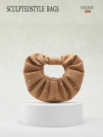 1 pieza Bolso de mano de unicolor, con acabado brillante y arrugado de PU, diseño de patchwork de volantes, minimalista y elegante de estilo europeo-americano para fiesta