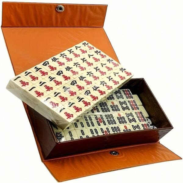 Juego completo de Mahjong chino con 144 cartas - Juego de entretenimiento familiar tradicional portátil, Juego de Mahjong de viaje en miniatura que incluye dados, cartas de repuesto y estuche de transporte, material de PP, juego de estrategia