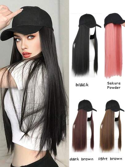 1pc 24 Inch (About 61.0cm) Synthetic Hair Extension Baseball Cap Wig Hat With Hairpiece, Black Color, For Women