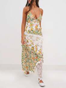 Women Boho Floral Maxi Dress Y2K Spaghetti Strap Deep V Neck Lace Patchwork Layered Ruffle Hem Flowy Long Dress Summer Sleeveless Backless Going Out Dress Beachwear - 黃色 - 查看 3