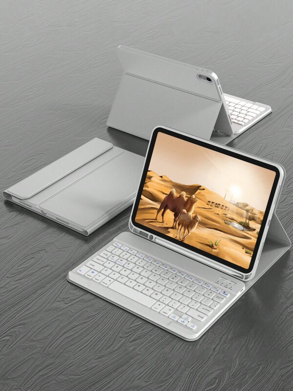 Tastaturhülle kompatibel mit iPad Schutzhülle, unterstützt automatisches Ein-/Ausschalten, abnehmbare kabellose Bluetooth-Tastatur, schlanke, leichte Standhülle mit Stifthalter - Hellgrau