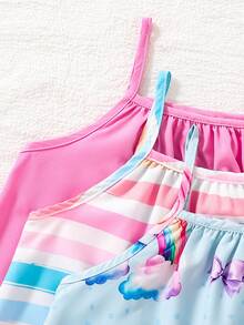 3 件套时尚女童夏季服装，包括条纹、彩虹印花、纯色荷叶边吊带背心裙，舒适休闲女童户外连衣裙，适合日常、旅行、休闲 - 彩色 - 查看 4