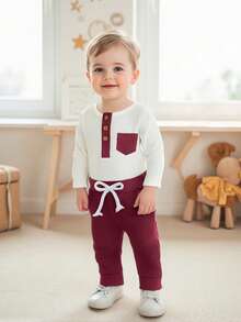 Baby Boy's Autumn 2-Piece Set - Ribbed Button Romper  Bow Detail Pants With Pockets - Red - View 3