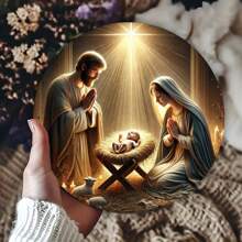 1pc 2D Flat Jesus Nativity Scene Metal Sign, 8x8 Inch Round Wall Art Decor For Cafe, Kitchen, Club, Bar, Room - Waterproof & UV Resistant, Easy To Hang - Random Hole Style Room Decor Bedroom Decor Home Decor Wall Decor