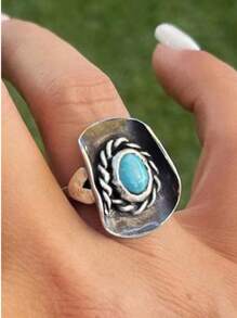 1 Unique Turquoise Ring With Retro Style Gold Metal Women's Ring, Suitable For Daily Matching Of Party Themed Activities