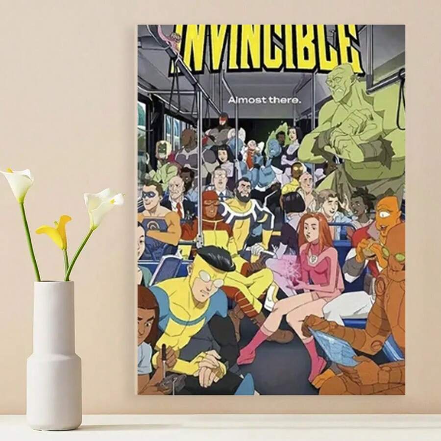 Framed 1pc "Invincible" Season 2  Canvas Poster - Vibrant Superhero Artwork With Dynamic Characters & Cityscape Backdrop - High-Quality Canvas Print For Living Room, Office, Restaurant Wall Decor - Perfect Gift For Birthdays, Valentine's Day, Holidays & Superhero Parties, Actionpacked Design | Detailed Illustrations, Superhero Party Decorations - Framed - View 1