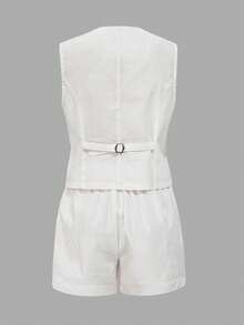 女士春夏休闲度假亚麻无袖西装外套和短裤两件套