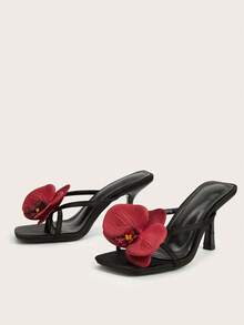 Square Toe Satin Flower Decor Open Toe Stiletto High Heel Sandals, Suitable For Travel And Beach, Spring/Summer,Flip Flops - Black - View 4
