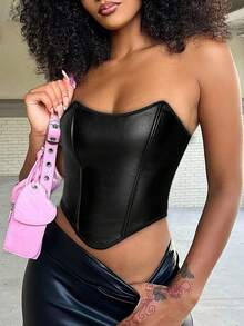 Apperloth A Lace Up Back Hanky Hem PU Corset Top Elegant Music Festival