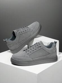 Men's Classic Versatile Solid Color Leather Panel Comfortable Lace-Up Flat Sneakers, Niche Fashion Outdoor Casual Commuting Walking Sports Shoes - Grey - View 6