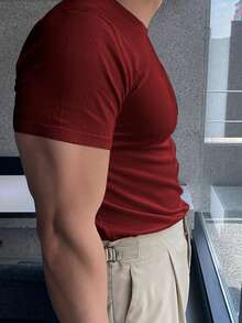 Men's Casual Solid Color Short Sleeve Pullover Knit Sweater, Old Money Style - Red - View 5