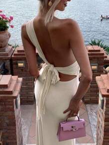女士连衣裙，适合度假、派对、婚礼季节，粉色不对称领口，系带设计，针织弹力面料，完美修身廓形，非常适合返校、毕业、乡村音乐节、全白派对
