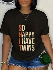 Camiseta de manga corta con cuello redondo de algodón estampada negra para mujer, camiseta gráfica informal de 180 g con diseño de texto "So Happy I Have Twins", camisa de verano suave y ligera para uso diario - Negro - Ver 1