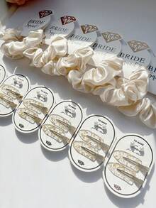 2 Sets Elegant Satin Hair Scrunchies & Faux Pearl Hair Clips Set, Gold Foil Hair Clips, Bridal Party Crystal Hair Scrunchies, Damage-Free Hair Accessories, Suitable For Weddings, Engagements, Bachelorette Parties, Hair Decor, School Supplies, Gifts, Head Accessories