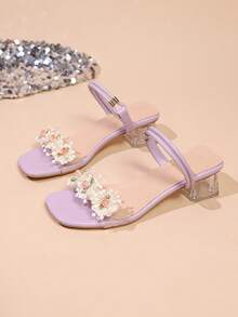 夏季新款中跟仙女风格水钻公主花朵粗跟凉鞋，绑带细节 - 紫色 - 查看 6