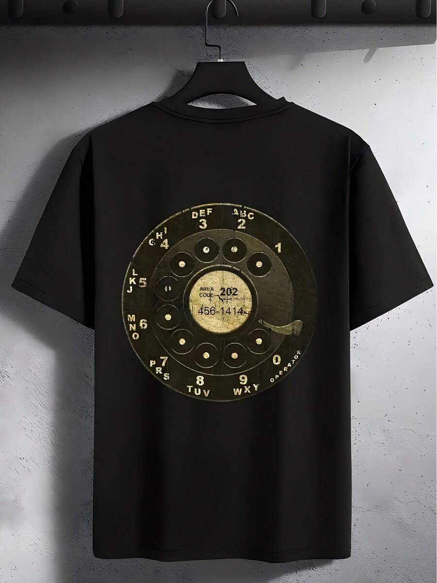 1pc, 100% Cotton, Retro Dial Phone Print T-Shirt, Seasonal Casual And  Men'S T-Shirt, Round Neck High Street Pure Cotton Short-Sleeved T-Shirt, Fashion Boutique T-Shirt, Christmas Gift - 黑色4 - 查看 1