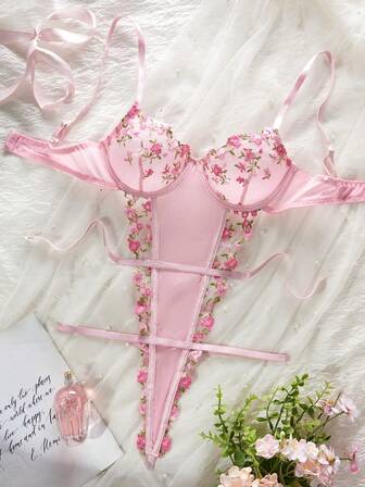 女士夏季性感内衣 - 粉色网眼花卉刺绣钢圈文胸连体裤，露背和腰部镂空，性感迷人