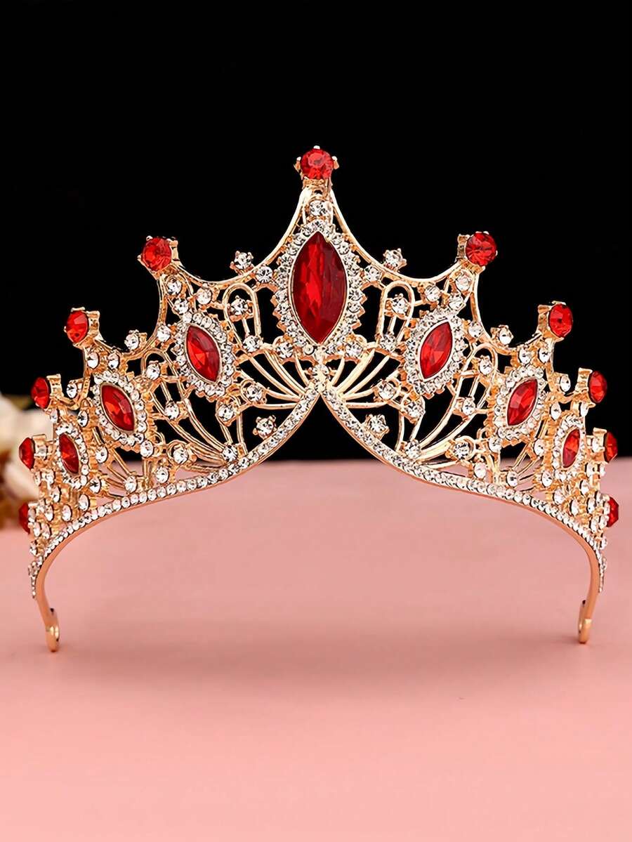 1pc Princess Party Rhinestone Crown Headpiece, Luxury Alloy Tiara For Festival - Red - View 1