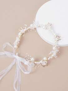 1pc Girls Hand-Woven Pearl Gold Leaf Crystal Acrylic Flower Decor Elegant Fashion Casual Party Headband