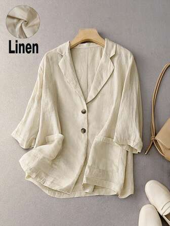 Women's Linen 3/4 Sleeve Loose Fit Blazer With Large Pockets, Casual For Spring/Summer