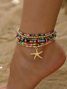 6 Pieces Bohemian Resort Style Rice Beads Beaded Starfish Pendant Multi-Layer Elastic Rope Adjustable Women's Anklets Casual Party Personalized Anklets - Starfish - View 7