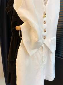 女士春夏休闲度假亚麻无袖西装外套和短裤两件套