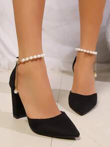 Pantofi cu toc gros pentru femei, la modă, de primăvară/vară, curea cu perle, cataramă reglabilă cu perle, vârful ascuțit, scobitori, stil european și american elegant, tocuri înalte formale versatile - Negru - Vizualizare 4