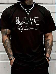 100% Cotton Love My Lineman Wife Husband Lineworker Girlfriend Linesman T-Shirt Women's Men Graphic Tee - Black - View 1