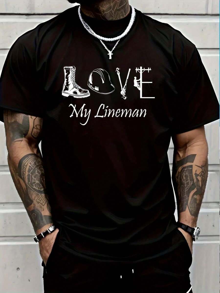 100% Cotton Love My Lineman Wife Husband Lineworker Girlfriend Linesman T-Shirt Women's Men Graphic Tee - Black - View 1