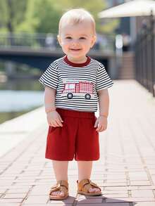 Toddler Boys' Summer 2-Piece Set - Striped Fire Engine T-Shirt  Elastic Waist Shorts - Red - View 5