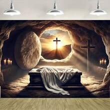 2D Backdrop Banner 1pc, Empty Tomb With Sunrise And Cross Vibrant Background Cloth For Family Parties, Weddings, Birthdays, Christmas, Thanksgiving, And Fall, Easy To Set Up And Reusable,2D Flat,Notmulti-Layer Or Real Model - Grey - View 3