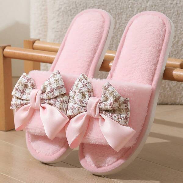 Open Toe Plush Slip-On Slippers For Women, Soft, Non-Slip, Indoor & Outdoor Wear, Lovely Bow Decor, Preppy Style, All Season