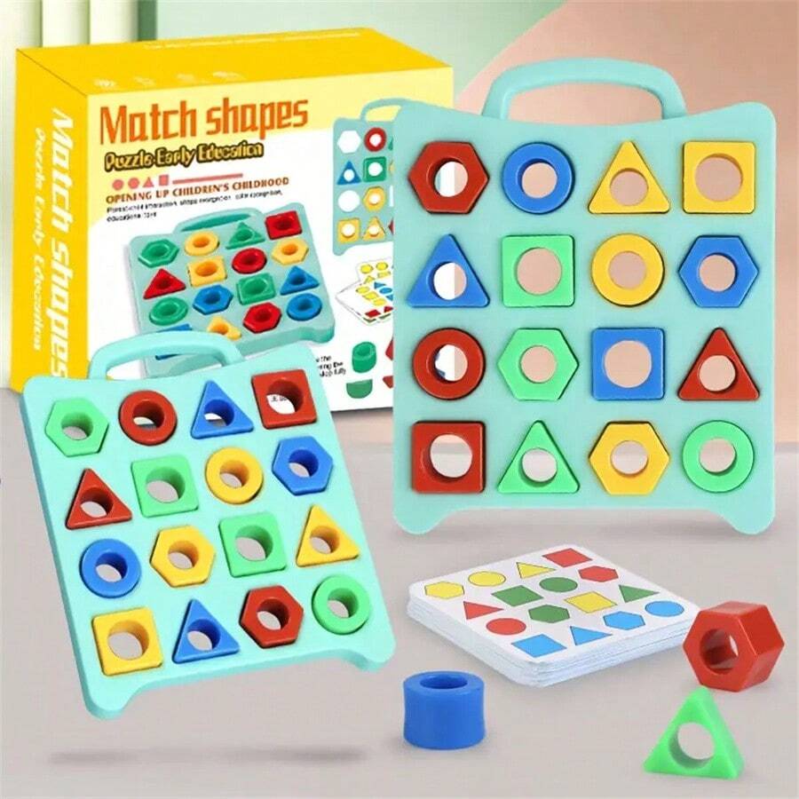 1 盒几何形状匹配拼图卡，2 套 30 张卡片，亲子互动学习与教育游戏，桌面竞技游戏，培养儿童认知能力 - 彩色 - 查看 1