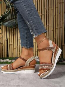 Große Größen Sommer Neue Stroh Rand Boden Plateau Dicker Sohle Schnallen Keil Riemen Frauen Sandalen, Boho Farbblock - Braun - Übersicht 3