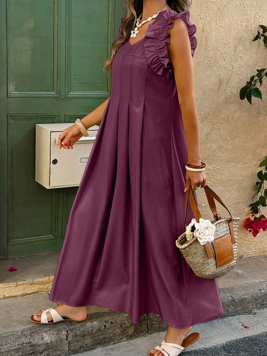 Women's Ruffle A-Line Long Dress With Puff Sleeves - Burgundy - View 1