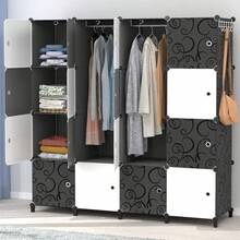Portable Wardrobe 16 Cube Foldable Closet W/ 3 Clothes Hanging Rails, Deeper Cube Modular Cabinet Storage Organizer ShelfBedroom Clothes Shoes Toys,Black - White - View 11