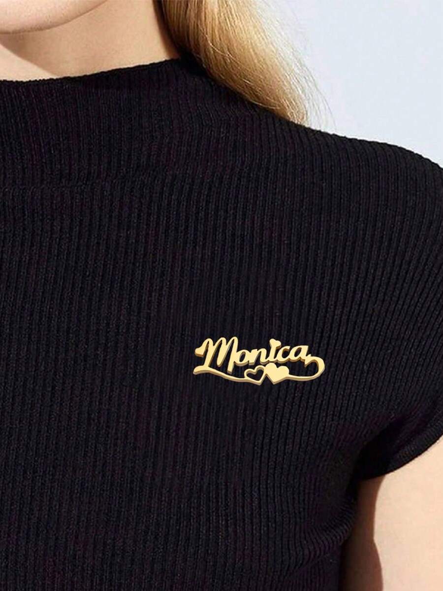 1pc Customized Heart-Shaped Name Brooch, Women's Stainless Steel Gold Color, Customizable Name Brooch Badge, Jewelry Letter Lapel Pin - Multicolor - View 1