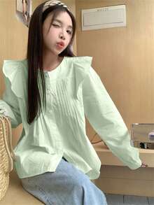 Damska elegancka bluzka z długim rękawem i falbaną w stylu francuskim, luźna plisowana bluzka z okrągłym dekoltem, wiosna/lato