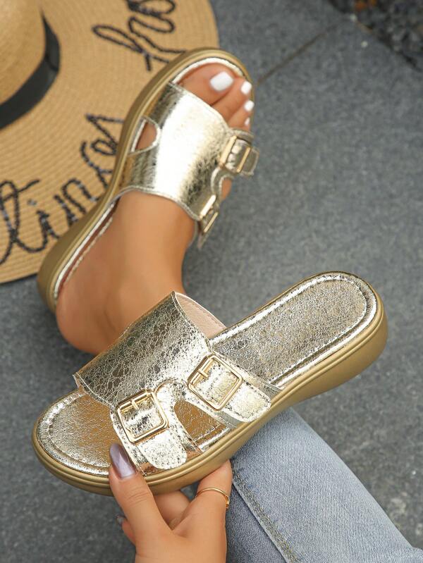 Plus Size Women's Flat Sandals, New Summer Fashion Gold/Silver Metallic Buckle Round Toe Flat Slides, Casual, Beach, Comfortable, Easy Slip-On