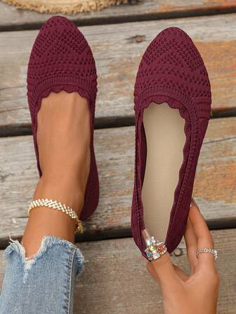 2025年秋季女士一脚蹬系带针织平底鞋，舒适百搭优雅软底休闲鞋